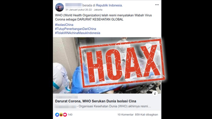 Hoax WHO serukan isolasi China karena virus corona.