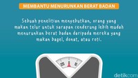 Telur membantu menurunkan berat badan - Sebuah penelitian menyebutkan, orang yang makan telur untuk sarapan cenderung lebih mudah menurunkan berat badan daripada mereka yang makan bagel, donat, atau roti.