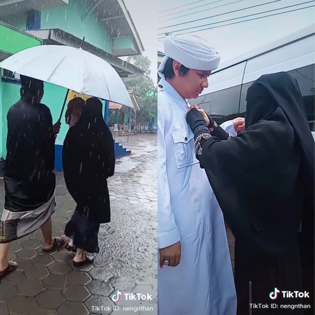 Pada salah satu video yang diunggah Neng Ros terlihat, Nengmas yang menggendong anaknya berjalan kaki sambil berpayungan bersama dengan suaminya menuju kediaman wanita yang akan jadi istri kedua. Hingga tiba saatnya acara akad nikah. Video memperlihatkan Nengmas sendiri yang membawa baju akad nikah suaminya beserta mas kawin yang akan diserahkan ke istri kedua. Dia pun membantu suaminya untuk memakai jubah putih dan kain yang disematkan di pundak sebelah kanan sebelum akad nikah berlangsung. Foto: Dok. TikTok @nengnthan.