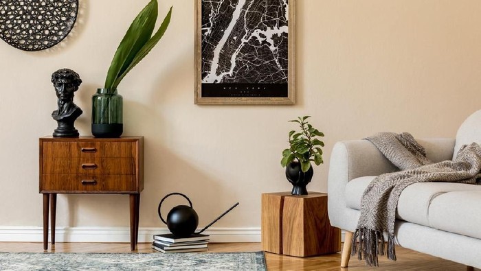 Stylish interior of living room. Beige and japandi concept. Modern home staging. Template.