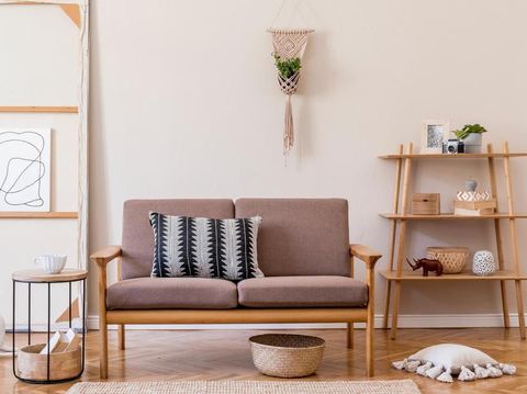 Stylish interior of living room. Beige and japandi concept. Modern home staging. Template.