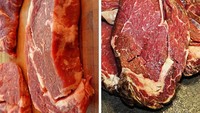 Untuk daging, perhatikan teksturnya yang tidak boleh terlalu kering maupun basah. Baunya juga harus sedikit asam. Untuk warnanya harus merah terang dengan tekstur tidak keras, namun juga tidak lembek saat ditekan. Foto: Brightside