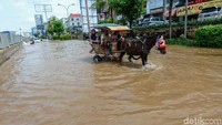Sebagian warga memilih menggunakan jasa delman untuk melintasi jalanan yang terendam banjir tersebut.