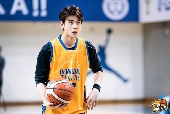Program reality TV ini menampilkan kisah nyata yang benar-benar terjadi di lapangan basket. Di mana para anggotanya digembleng untuk berkompetisi di pertandingan. Cha Eunwoo sendiri bertindak sebagai pemain dengan nomor punggung 97. (Foto: Dok. Handsome Tigers/SBS)