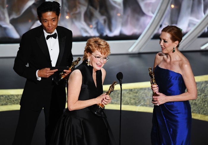 HOLLYWOOD, CALIFORNIA - FEBRUARY 09: (L-R) Kazu Hiro, Vivian Baker, and Anne Morgan accept the Makeup and Hairstyling award for Bombshell onstage during the 92nd Annual Academy Awards at Dolby Theatre on February 09, 2020 in Hollywood, California. (Photo by Kevin Winter/Getty Images)