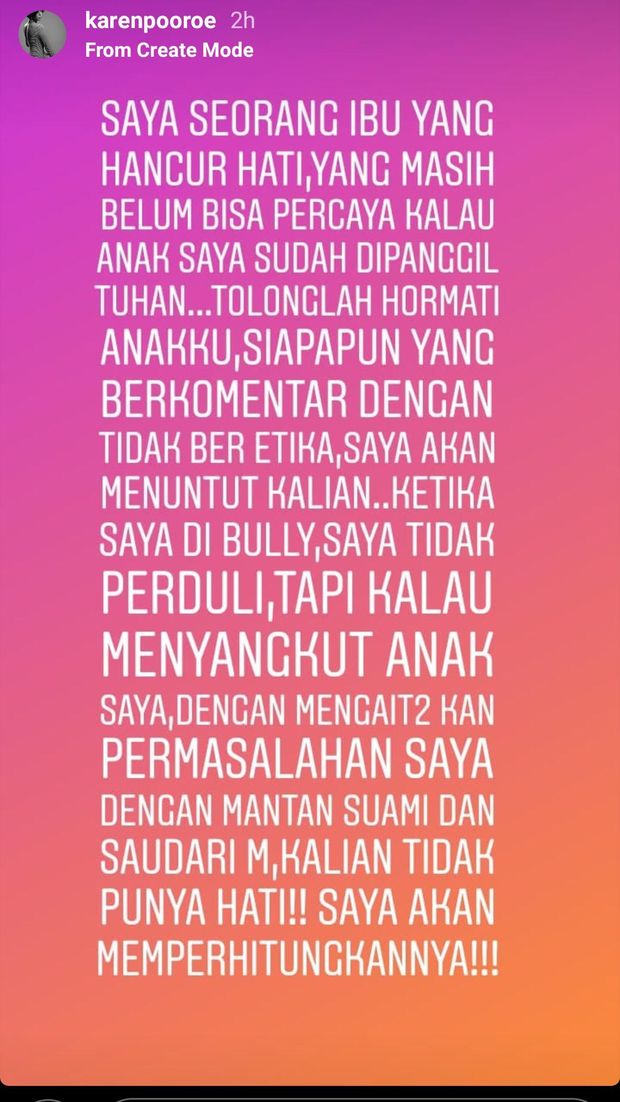 Karen Pooroe Minta Kematian Anak Tak Dikaitkan dengan Konflik Rumah Tangga