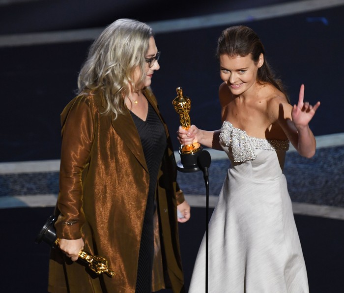 HOLLYWOOD, CALIFORNIA - FEBRUARY 09: (L-R) Carol Dysinger and Elena Andreicheva accept the Documentary - Short Subject - award for Learning to Skateboard in a Warzone If Youre a Girl onstage during the 92nd Annual Academy Awards at Dolby Theatre on February 09, 2020 in Hollywood, California. (Photo by Kevin Winter/Getty Images)