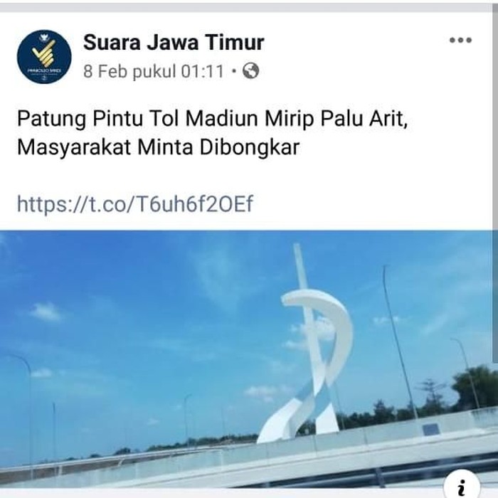 Tugu di interchange menuju Gerbang Tol Madiun viral di media sosial. Netizens mengaitkan tugu tersebut dengan lambang palu arit yang identik dengan Partai Komunis Indonesia (PKI).