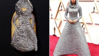 Gaun pertama yang dikreasikan di atas biskuit adalah milik Janelle Monae. Gaun berwarna silver ini nampak berkilauan dengan taburan berilan yang sangat cantik. Milano Cookies pun berhasil membuatnya terlihat mirip. Foto: Istimewa