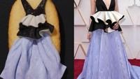 Gaun berwarna ungu di bagian bawah dan bagian atas berwarna hitam ini dinobatkan sebagai salah satu gaun terburuk di Oscar 2020. Gaun yang dipakai Saoirse Ronan ini pun tak luput dikreasikan oleh Milano Cookies. Foto: Istimewa