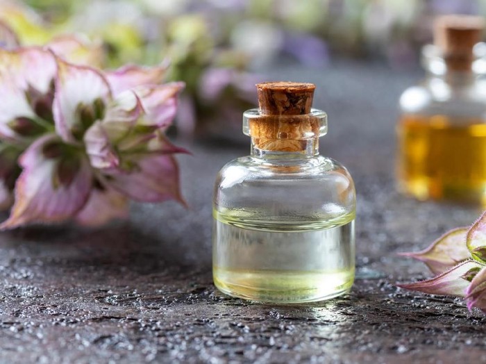Glass bottle of fennel essential oil with fennel seeds in wooden spoon on wooden table. Herbs alternative medicine background concept