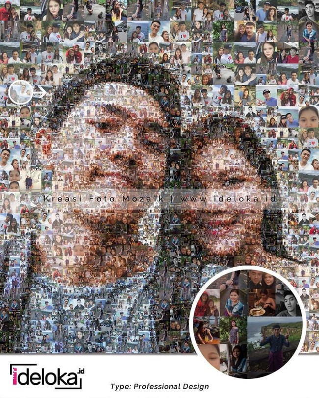 Foto mozaik ini jadi salah satu digital art yang tengah tren yaitu berupa foto yg diolah dari kepingan-kepingan foto ukuran kecil yang dibuat secara sistematis. Dalam jarak pandang tertentu susunan foto-foto ukuran kecil membentuk karakter wajah seseorang atau obyek tertentu. Kamu bisa memesan foto mozaik ini di akun Instagram @ideloka.id dengan harga Rp 400.000. Foto: Instagram