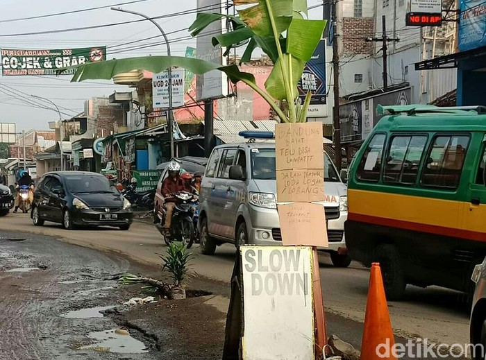 Jalan rusak di bandung barat ditanami pohon pisang Jalan rusak di bandung barat ditanami pohon pisang