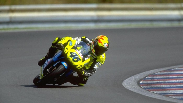 18 Aug 1996:  Valentino Rossi of Italy leans into a corner on his Aprilia during the Czech Republic Grand Prix at the Brno circuit in the Czech Republic.  Mandatory Credit: Mark  Thompson/Allsport