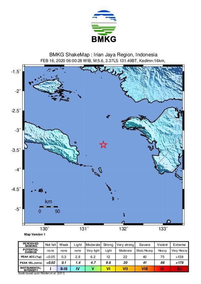 Shakemap gempa M 5,6 di Seram bagian timur dan Fakfak