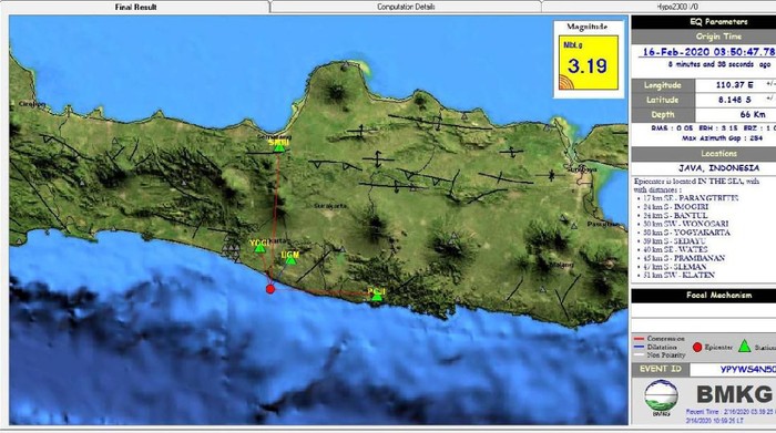 Gempa M 3,2 di Bantul, Minggu (16/2/2020).