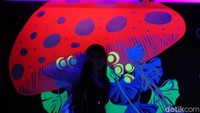 Ruangan gelap yang menampilkan ubur-ubur, jamur, dan ginseng berwarna cahaya atau glowing karya Olopolo. Foto: Tia Agnes/detikHOT