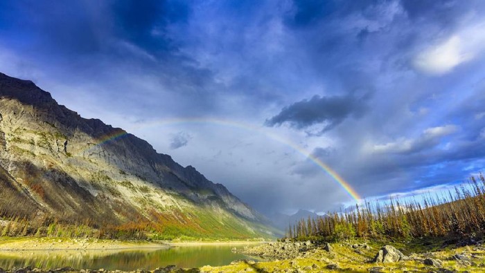 Rainbow in Medicine Lake area in Jasper National Park