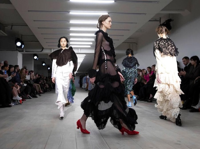 London Fashion Week Fall 2020 A model wears a creation by designer Yuhan Wang at the Autumn/Winter 2020 fashion week runway show in London, Friday, Feb. 14, 2020. (Photo by Grant Pollard/Invision/AP)