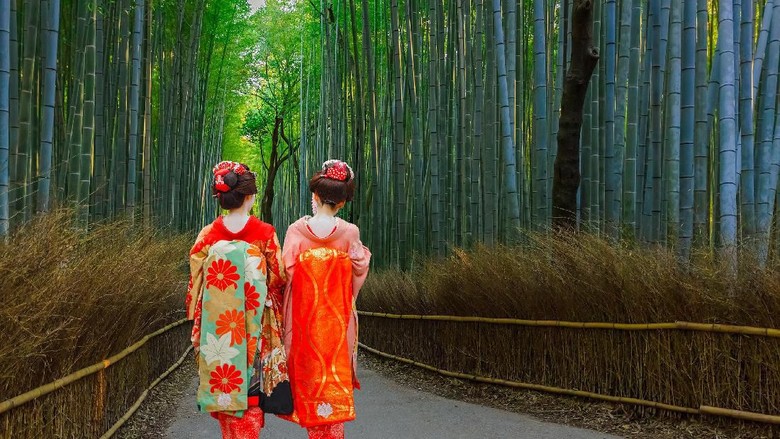 Kyoto, Japan - November 22 2015: Unidentified Japanese Geisha at Chikurin-no-Michi (Bamboo Grove) in Arashiyama district