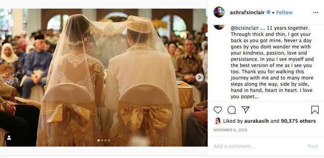 Ashraf Sinclair dan BCL menikah pada  8 November 2008. Keduanya merayakan ulang tahun pernikahan ke-11 pada 2019 kemarin. Dan di ulang tahun pernikahan mereka yang ke-11, Ashraf menyampaikan kata-kata cintanya yang sungguh romantis untuk BCL. Never a day goes by you dont wonder me with your kindness, passion, love and persistance. In you I see myself and the best version of me as I see you too. Thank you for walking this journey with me and to many more steps along the way, side by side, hand in hand, heart in heart. I love you popet…, tulis Ashraf yang memiliki panggilan sayang popet untuk BCL. Foto: Instagram
