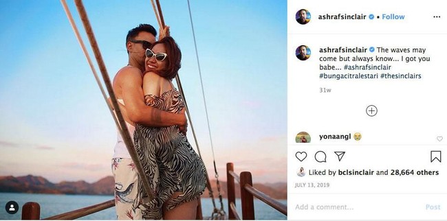 The waves may come but always know... I got you babe... #ashrafsinclair #bungacitralestari #thesinclairs, kata Ashraf pada keterangan foto yang memperlihatkannya memeluk erat BCL. So sweet… Foto: Instagram