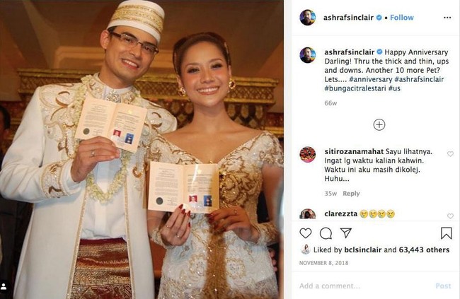 Pada ulang tahun pernikahan mereka ke-10 di 2018, Ashraf Sinclair menuliskan caption yang saat dibaca lagi sekarang, membuat netizen sedih. Dia ingin menghabiskan waktu bersama BCL hingga 10 tahun lagi. Happy Anniversary Darling! Thru the thick and thin, ups and downs. Another 10 more Pet? Lets.... #anniversary #ashrafsinclair #bungacitralestari #us, demikian dia menulis. Foto: Instagram