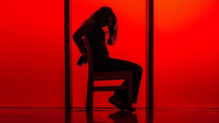 silhouette of a woman tied up to a chair against a red background