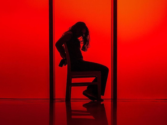 silhouette of a woman tied up to a chair against a red background