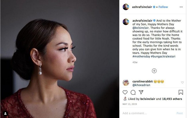 Pada Hari Ibu 2019, Ashraf Sinclair pun menyampaikan rasa terimakasihnya pada BCL yang menurutnya sudah menjadi ibu yang sangat baik untuk putra mereka, Noah Sinclair. And to the Mother of my Son, Happy Mothers Day @bclsinclair. Thanks for always showing up, no mater how difficult it was to do so. Thanks for the home cooked food for little Noah. Thanks for the early mornings taking him to school. Thanks for the kind words only you can give him when he is in tears. Happy Mothers Day #mothersday #bungacitralestari, begitu pujian Ashraf untuk BCL. Foto: Instagram