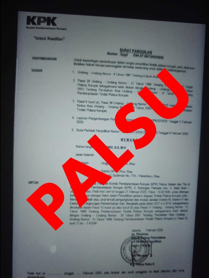 surat panggilan KPK palsu