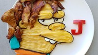 Oleh karena itu, seorang ibu bernama Laleh Mohmedi punya ide brilian. Ia selalu mengkreasikan setiap menu makanan untuk anak-anaknya menjadi bentuk kartun yang menarik. Seperti pada karakter Nelson dari The Simpson ini yang dibuat dari mie hokkian dan ayam panggang madu. Foto: Laleh Mohmedi