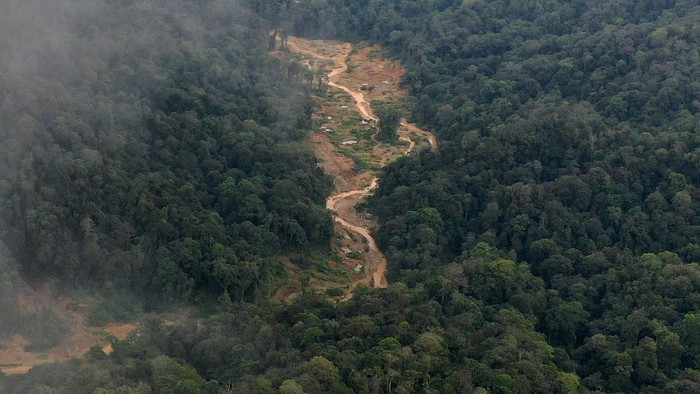 Foto udara area bekas tambang emas ilegal di kawasan hutan lindung Ulu Masen antara Kabupaten Pidie dan Kabupaten Aceh Barat, Aceh, Selasa (18/2/2020). Maraknya aktivitas penambangan emas ilegal di kawasan hutan lindung disebabkan minimnya pengawasan dari pihak terkait sehingga dikhawatirkan dapat memicu bencana alam terutama banjir dan tanah longsor. ANTARA FOTO/Syifa Yulinnas/hp.