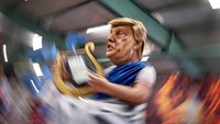 Salah satu patung yang akan diarak dalam parade karnaval di Jerman menampilkan sosok Presiden AS Donald Trump yang sedang memainkan alat musik lira. AP Photo/Michael Probst.