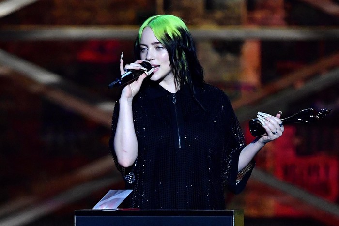 LONDON, ENGLAND - FEBRUARY 18: (EDITORIAL USE ONLY) Billie Eilish accepts the International Female Solo Artist award during The BRIT Awards 2020 at The O2 Arena on February 18, 2020 in London, England. (Photo by Gareth Cattermole/Getty Images)