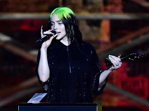 LONDON, ENGLAND - FEBRUARY 18: (EDITORIAL USE ONLY) Billie Eilish accepts the International Female Solo Artist award during The BRIT Awards 2020 at The O2 Arena on February 18, 2020 in London, England. (Photo by Gareth Cattermole/Getty Images)