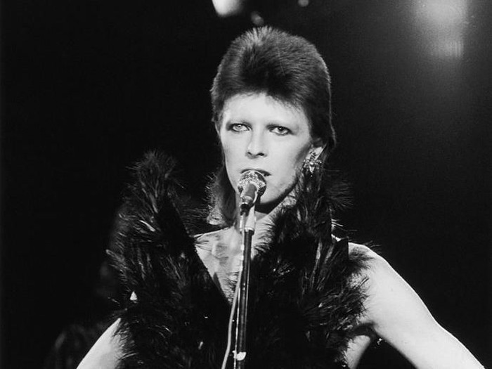 20th October 1973:  David Bowie performing in his Angel of Death costume at a live recording for a Midnight Special TV show made at The Marquee Club in London to a specially invited audience of Bowie fanclub members.  (Photo by Jack Kay/Express/Getty Images)