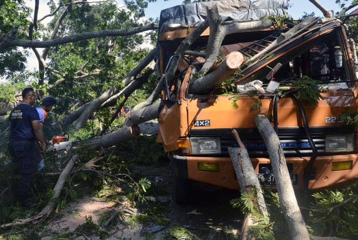 Angin kencang yang melanda kawasan Lampung membuat pohon tumbang. Truk hingga motor pun rusak akibat tertimpa pohon tumbang tersebut.