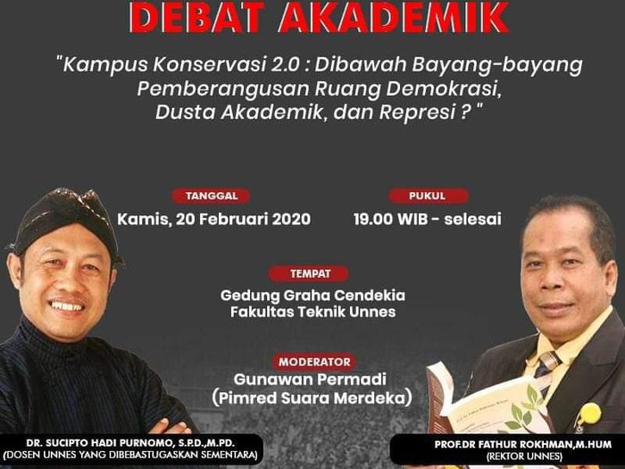 Poster debat dosen Unnes yang diskors hina Jokowi vs rektor Unnes, Kamis (20/2/2020).