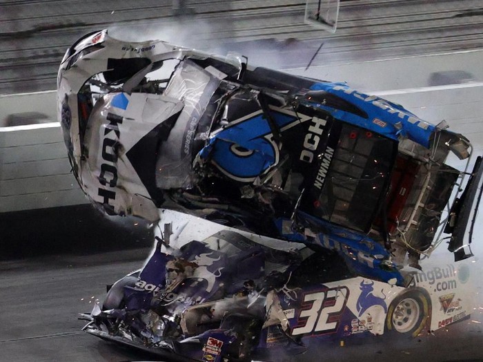 DAYTONA BEACH, FLORIDA - FEBRUARY 17: Ryan Newman, driver of the #6 Koch Industries Ford, flips over as he crashes during the NASCAR Cup Series 62nd Annual Daytona 500 at Daytona International Speedway on February 17, 2020 in Daytona Beach, Florida. (Photo by Chris Graythen/Getty Images)