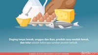 Daging tanpa lemak, unggas dan ikan, produk susu rendah lemak, dan telur adalah beberapa sumber protein terbaik. 