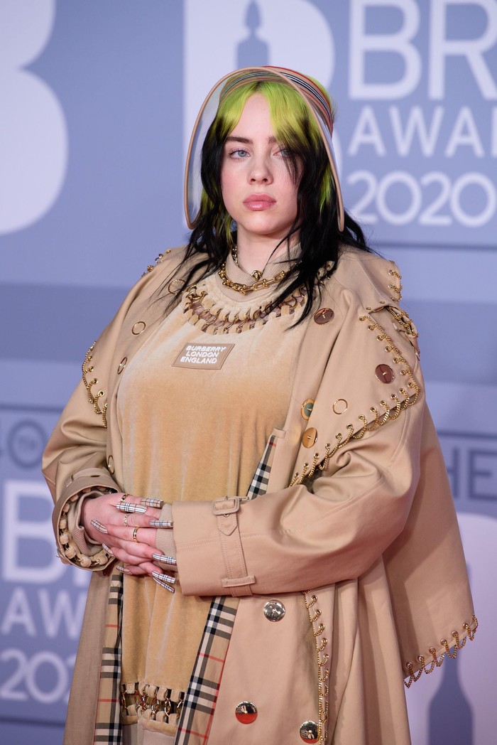 Billie Eilish LONDON, ENGLAND - FEBRUARY 18: (EDITORIAL USE ONLY) Billie Eilish attends The BRIT Awards 2020 at The O2 Arena on February 18, 2020 in London, England. (Photo by Joe Maher/Getty Images for Bauer Media)