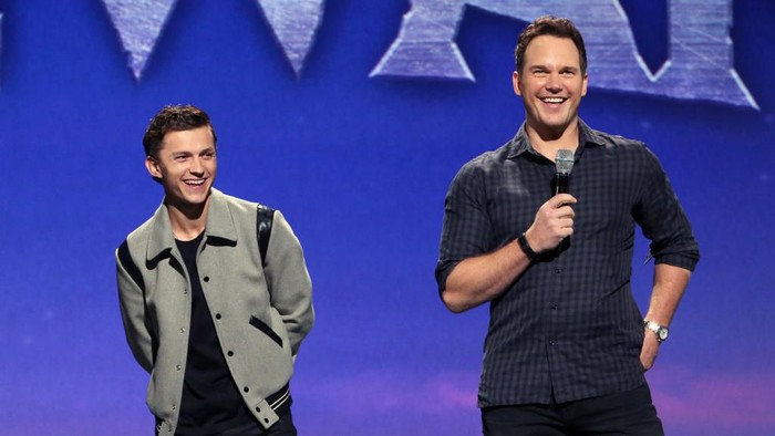ANAHEIM, CALIFORNIA - AUGUST 24: (L-R) Tom Holland and Chris Pratt of Onward took part today in the Walt Disney Studios presentation at Disney’s D23 EXPO 2019 in Anaheim, Calif.  Onward will be released in U.S. theaters on March 6, 2020. (Photo by Jesse Grant/Getty Images for Disney)