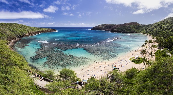 Snorkeling at the coral reef of Hanauma Bay, a former volcanic crater, now a national reserve