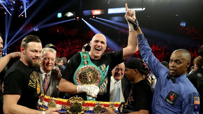 LAS VEGAS, NEVADA - FEBRUARY 22:  Tyson Fury celebrates his win by TKO in the seventh round against Deontay Wilder in the Heavyweight bout for Wilders WBC and Furys lineal heavyweight title on February 22, 2020 at MGM Grand Garden Arena in Las Vegas, Nevada. (Photo by Al Bello/Getty Images)