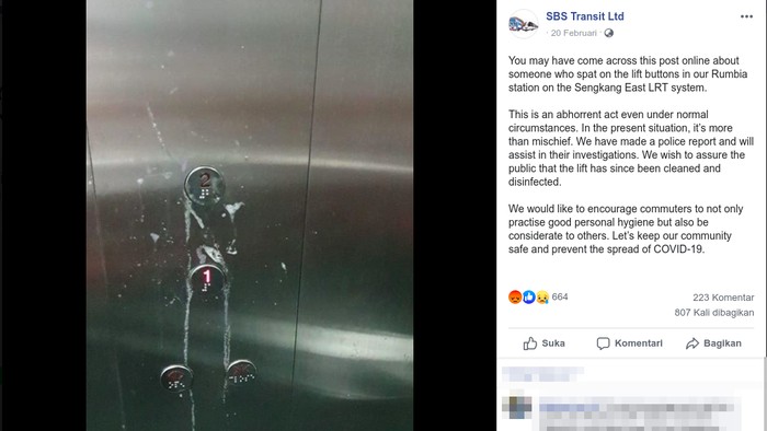 Air liur di lift stasiun LRT Singapura.