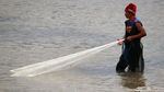 Menjala Ikan di Tengah Sawah yang Kebanjiran