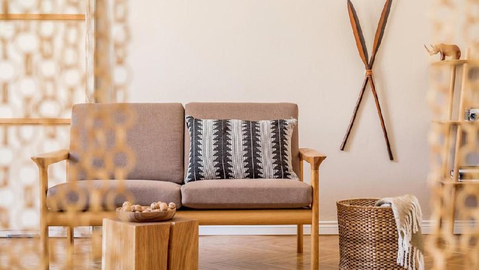 Design scandinavian home interior of living room.Beige wall. Modern home staging. Template. Japandi.