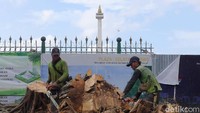 Petugas memotong batang pohon yang tumbang.