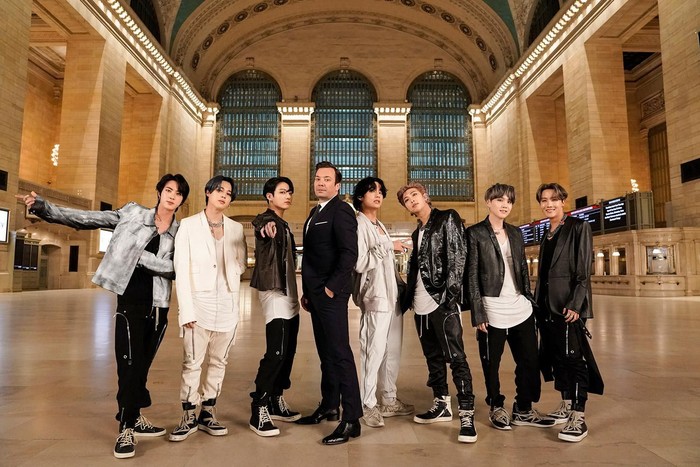 THE TONIGHT SHOW STARRING JIMMY FALLON -- Episode 1211 -- Pictured: (l-r) Jin, Jimin, and Jungkook of BTS, with host Jimmy Fallon and V, RM, SUGA, and J-Hope of BTS in Grand Central Terminal on February 24, 2020 -- (Photo by: Andrew Lipovsky/NBC)